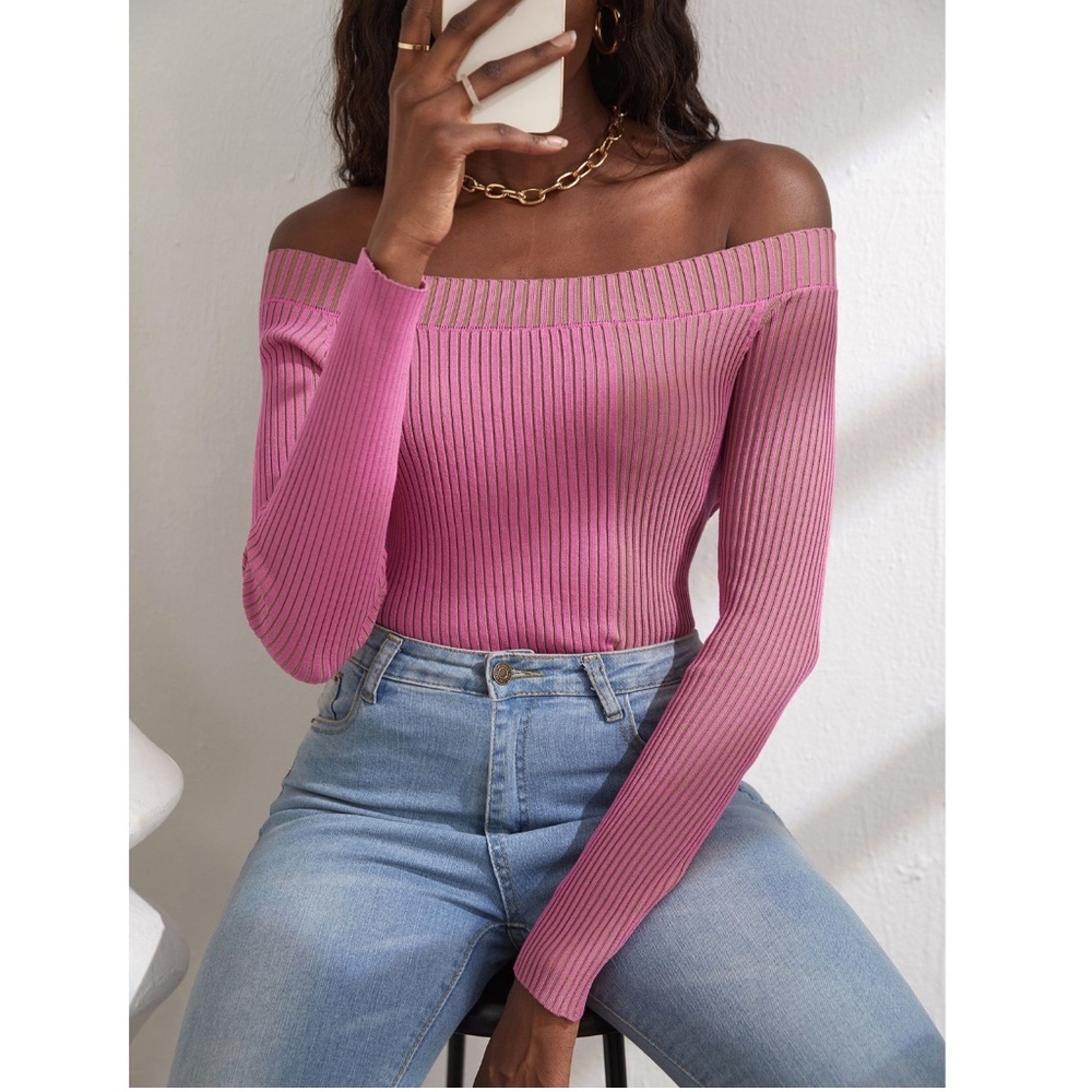 Off Shoulder Pink Rib Knit Light Sweater Top